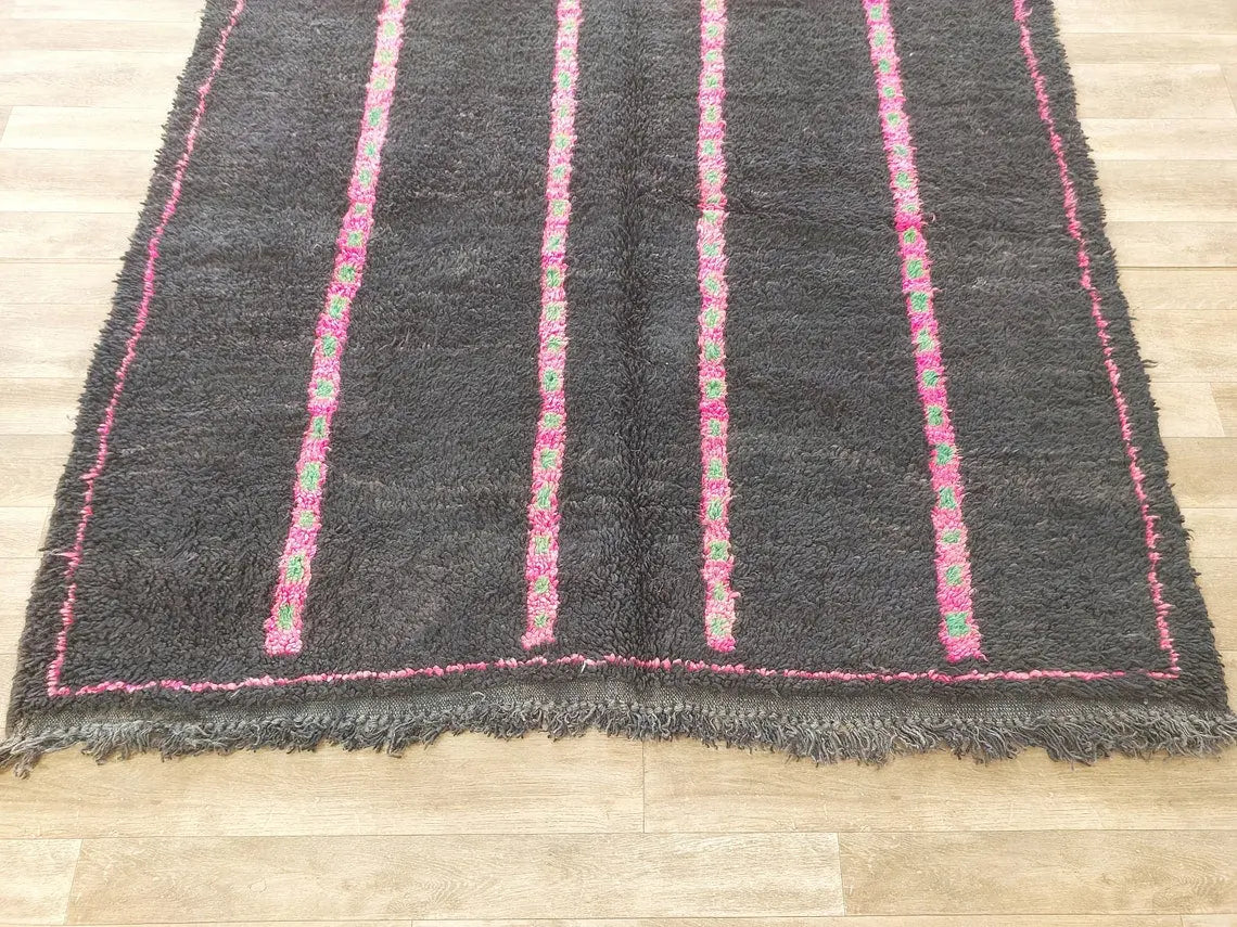 Authentic Handknotted Moroccan Boujaad Rug - Black With Pink And Green Accents - Vintage Berber Carpet MoroccanBazzArts