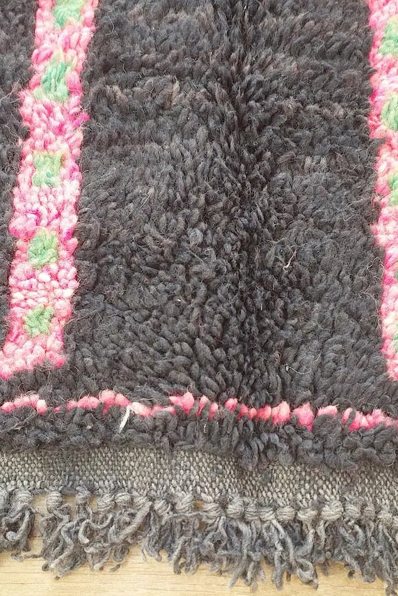 Authentic Handknotted Moroccan Boujaad Rug - Black With Pink And Green Accents - Vintage Berber Carpet MoroccanBazzArts