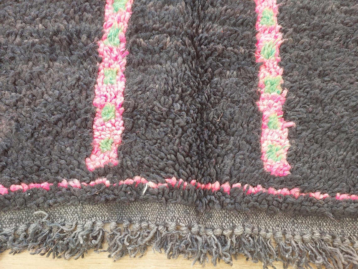 Authentic Handknotted Moroccan Boujaad Rug - Black With Pink And Green Accents - Vintage Berber Carpet MoroccanBazzArts