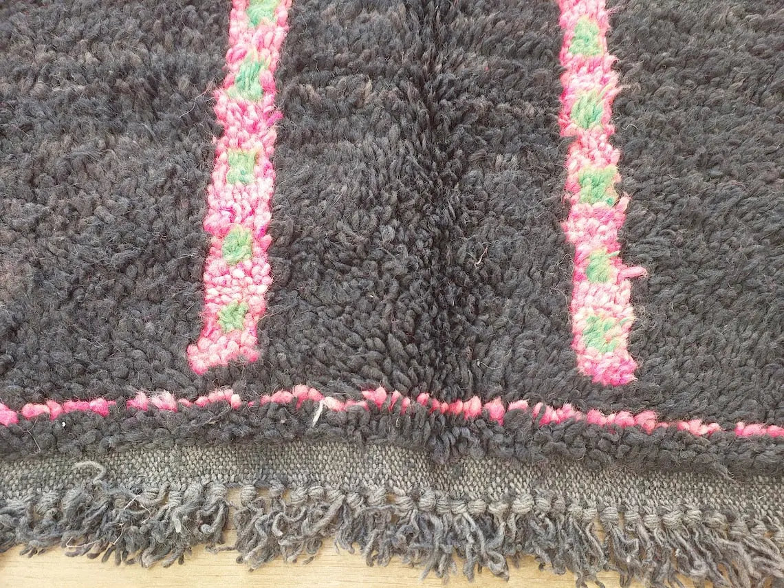 Authentic Handknotted Moroccan Boujaad Rug - Black With Pink And Green Accents - Vintage Berber Carpet MoroccanBazzArts