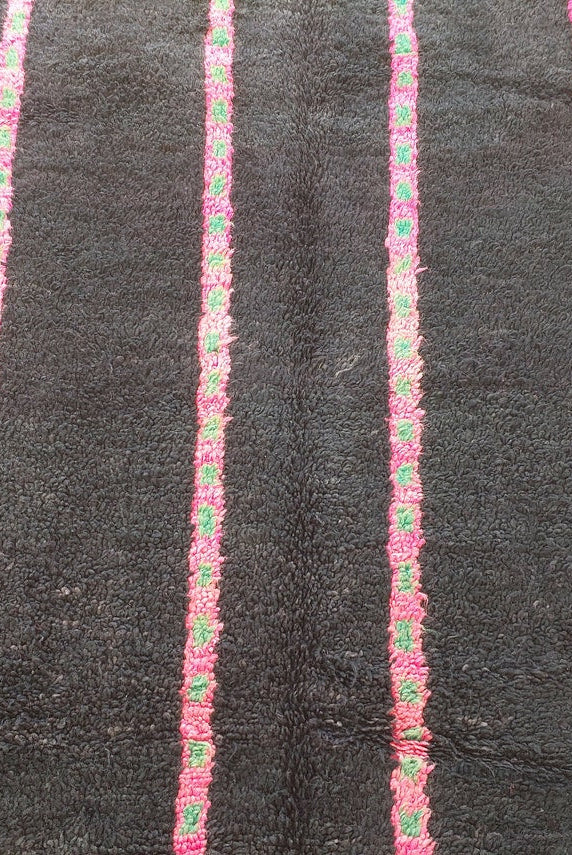 Authentic Handknotted Moroccan Boujaad Rug - Black With Pink And Green Accents - Vintage Berber Carpet MoroccanBazzArts