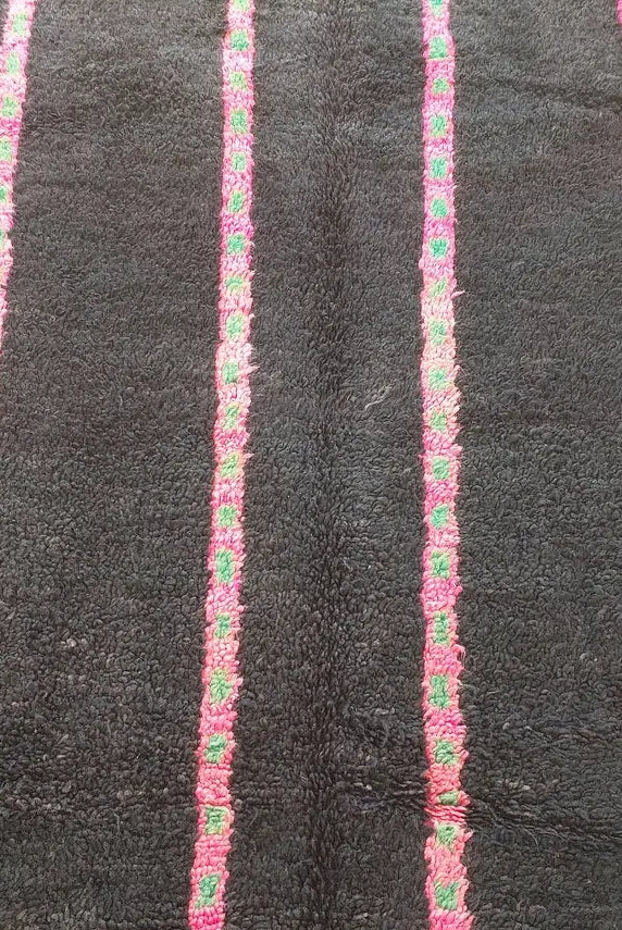 Authentic Handknotted Moroccan Boujaad Rug - Black With Pink And Green Accents - Vintage Berber Carpet MoroccanBazzArts
