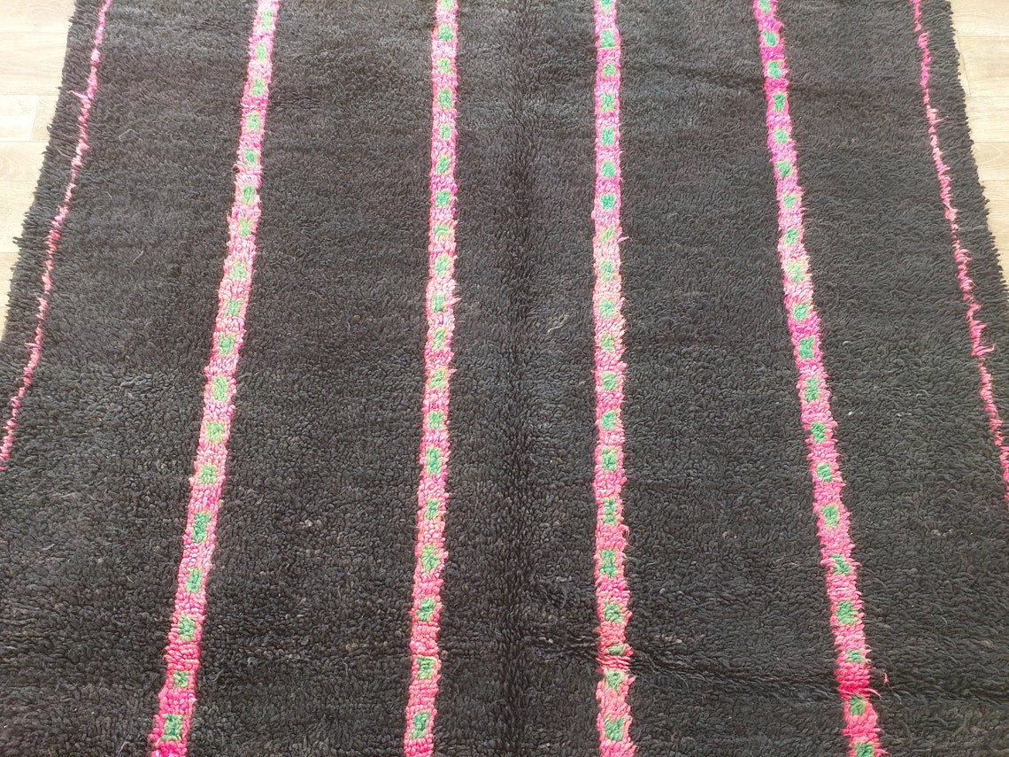 Authentic Handknotted Moroccan Boujaad Rug - Black With Pink And Green Accents - Vintage Berber Carpet MoroccanBazzArts