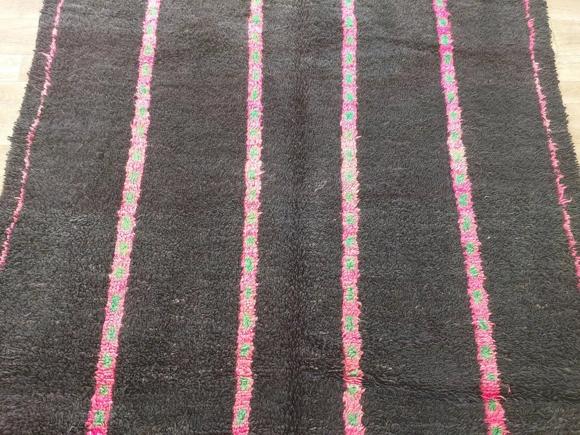 Authentic Handknotted Moroccan Boujaad Rug - Black With Pink And Green Accents - Vintage Berber Carpet MoroccanBazzArts