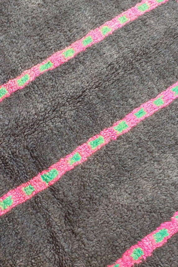Authentic Handknotted Moroccan Boujaad Rug - Black With Pink And Green Accents - Vintage Berber Carpet MoroccanBazzArts