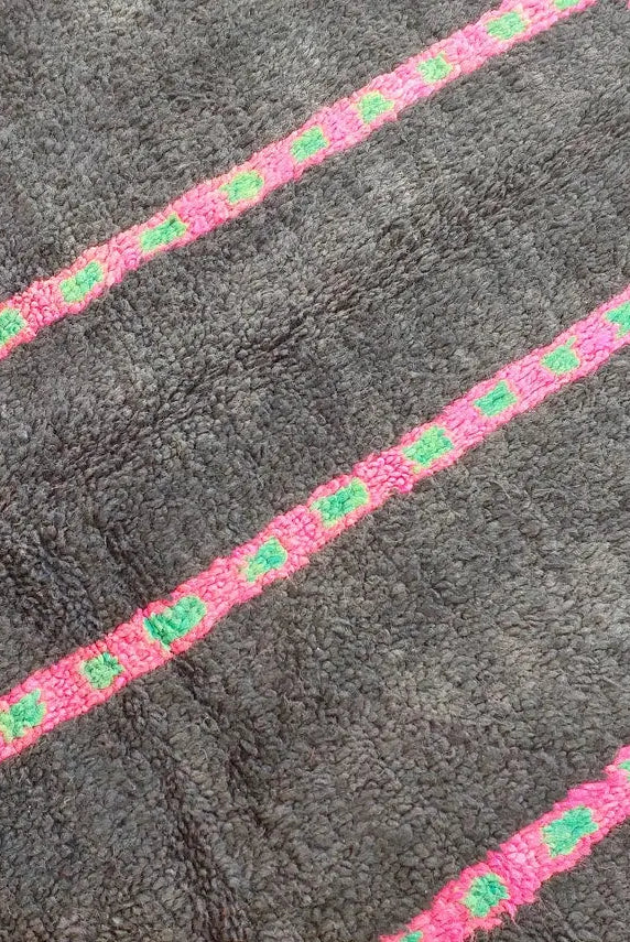 Authentic Handknotted Moroccan Boujaad Rug - Black With Pink And Green Accents - Vintage Berber Carpet MoroccanBazzArts