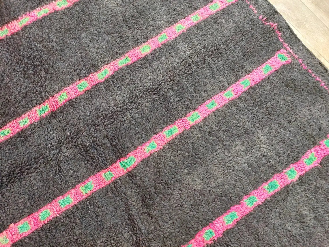 Authentic Handknotted Moroccan Boujaad Rug - Black With Pink And Green Accents - Vintage Berber Carpet MoroccanBazzArts