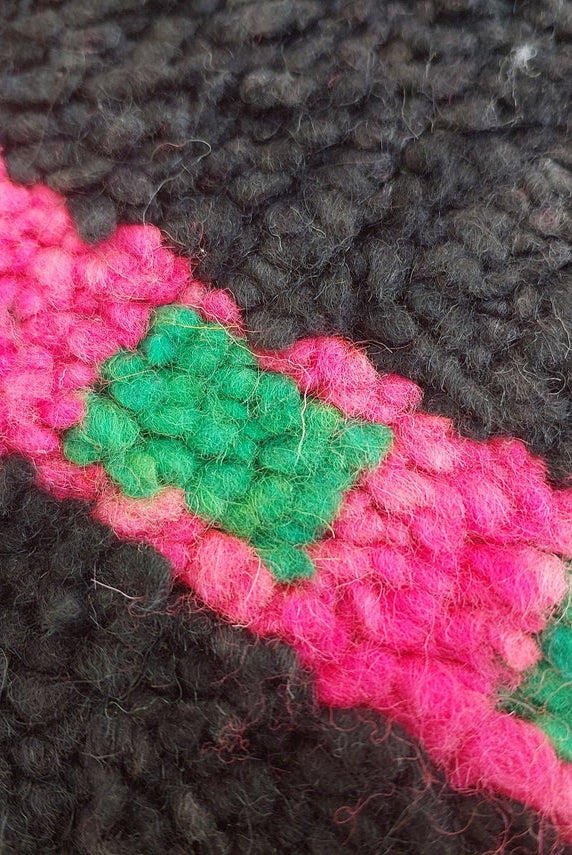 Authentic Handknotted Moroccan Boujaad Rug - Black With Pink And Green Accents - Vintage Berber Carpet MoroccanBazzArts