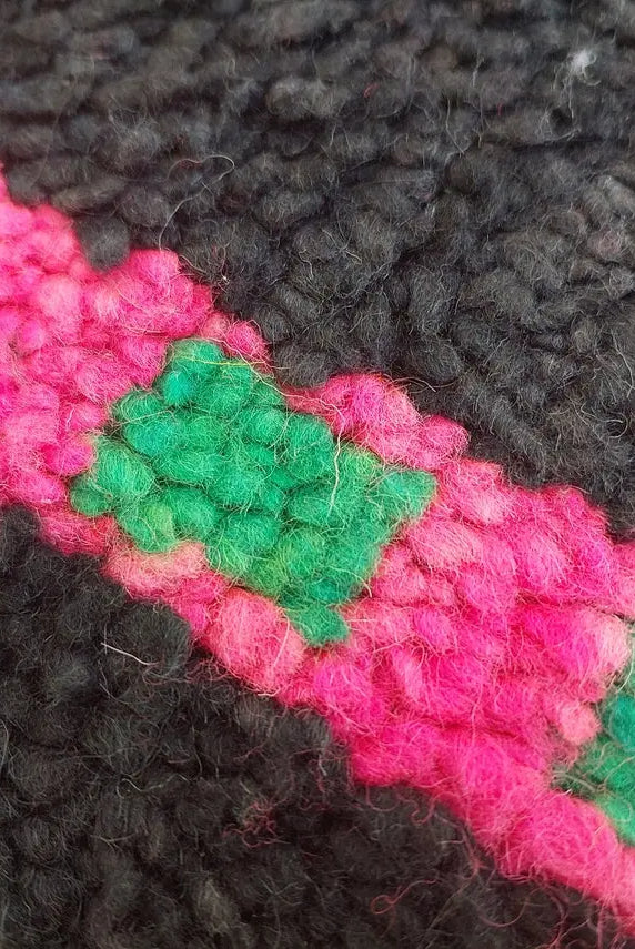 Authentic Handknotted Moroccan Boujaad Rug - Black With Pink And Green Accents - Vintage Berber Carpet MoroccanBazzArts