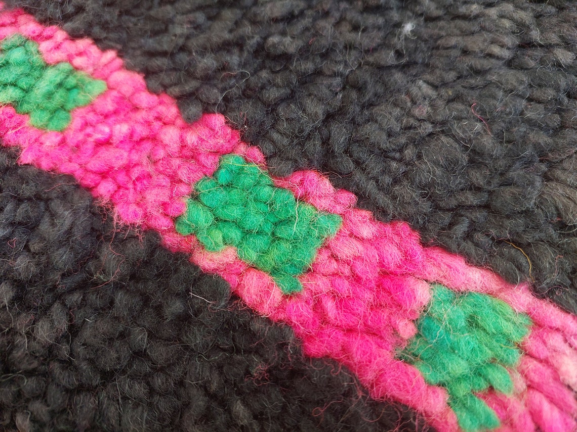 Authentic Handknotted Moroccan Boujaad Rug - Black With Pink And Green Accents - Vintage Berber Carpet MoroccanBazzArts