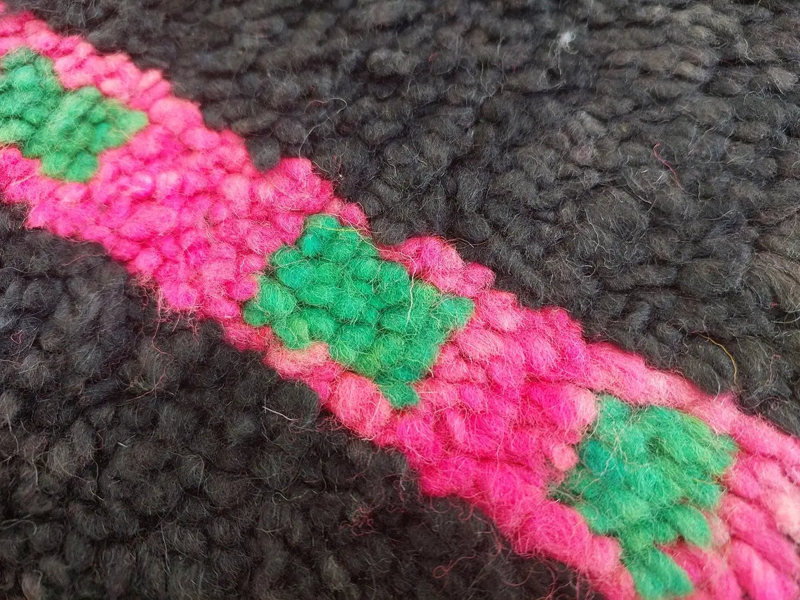 Authentic Handknotted Moroccan Boujaad Rug - Black With Pink And Green Accents - Vintage Berber Carpet MoroccanBazzArts