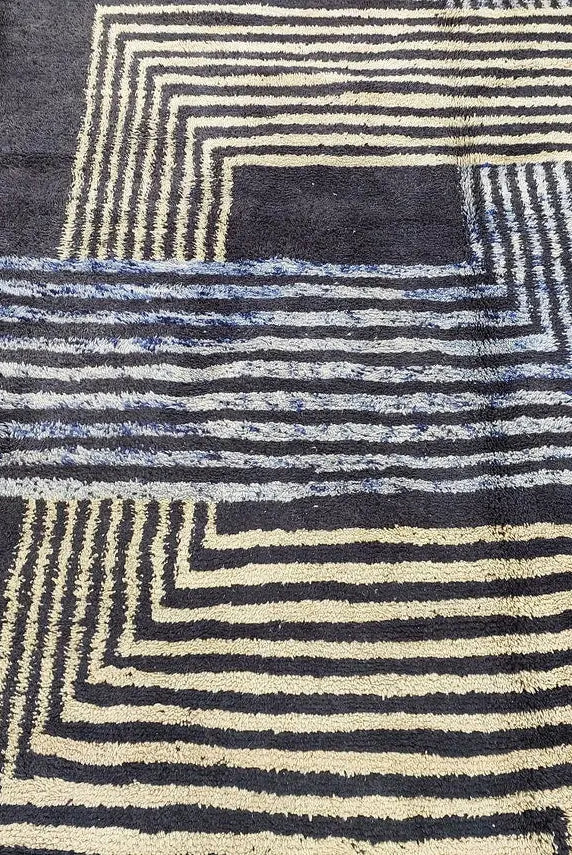 Contemporary Carpet Moroccan Wool Rug 10x14ft: Blue Beige Geometric Handknotted MoroccanBazzArts