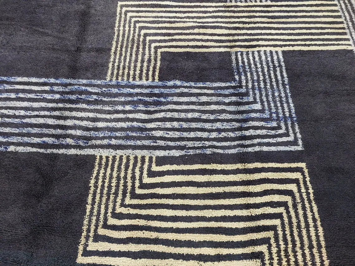 Contemporary Carpet Moroccan Wool Rug 10x14ft: Blue Beige Geometric Handknotted MoroccanBazzArts
