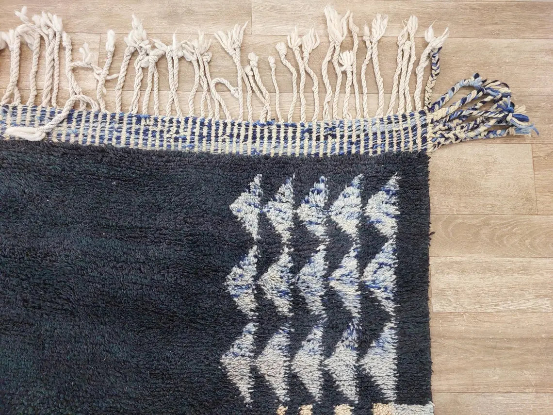 Contemporary Carpet Moroccan Wool Rug 10x14ft: Blue Beige Geometric Handknotted MoroccanBazzArts