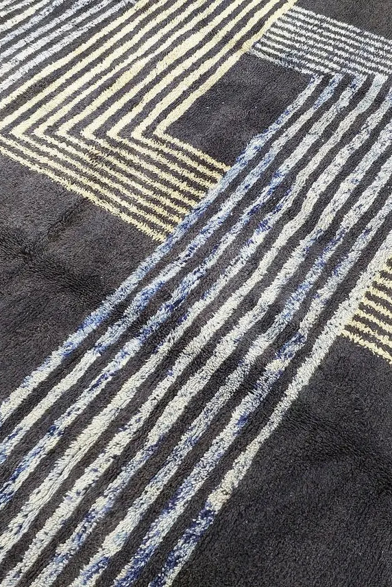 Contemporary Carpet Moroccan Wool Rug 10x14ft: Blue Beige Geometric Handknotted MoroccanBazzArts
