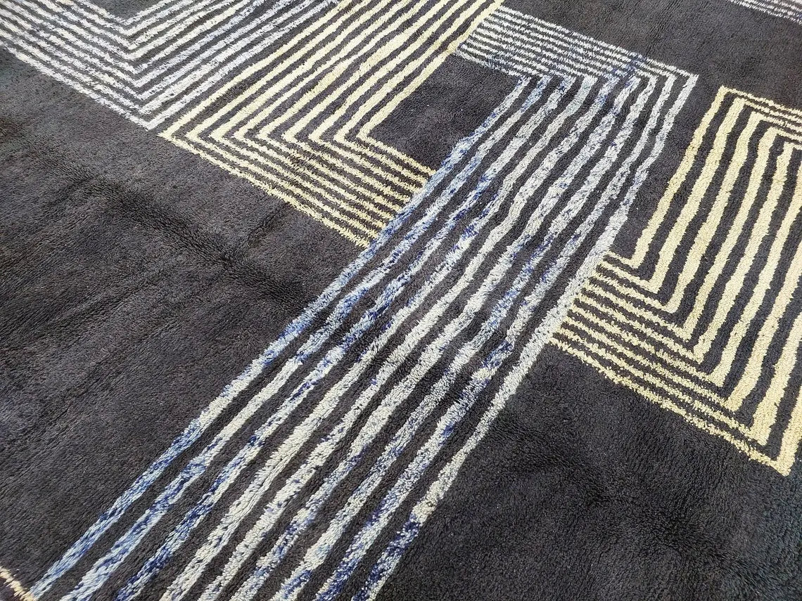 Contemporary Carpet Moroccan Wool Rug 10x14ft: Blue Beige Geometric Handknotted MoroccanBazzArts