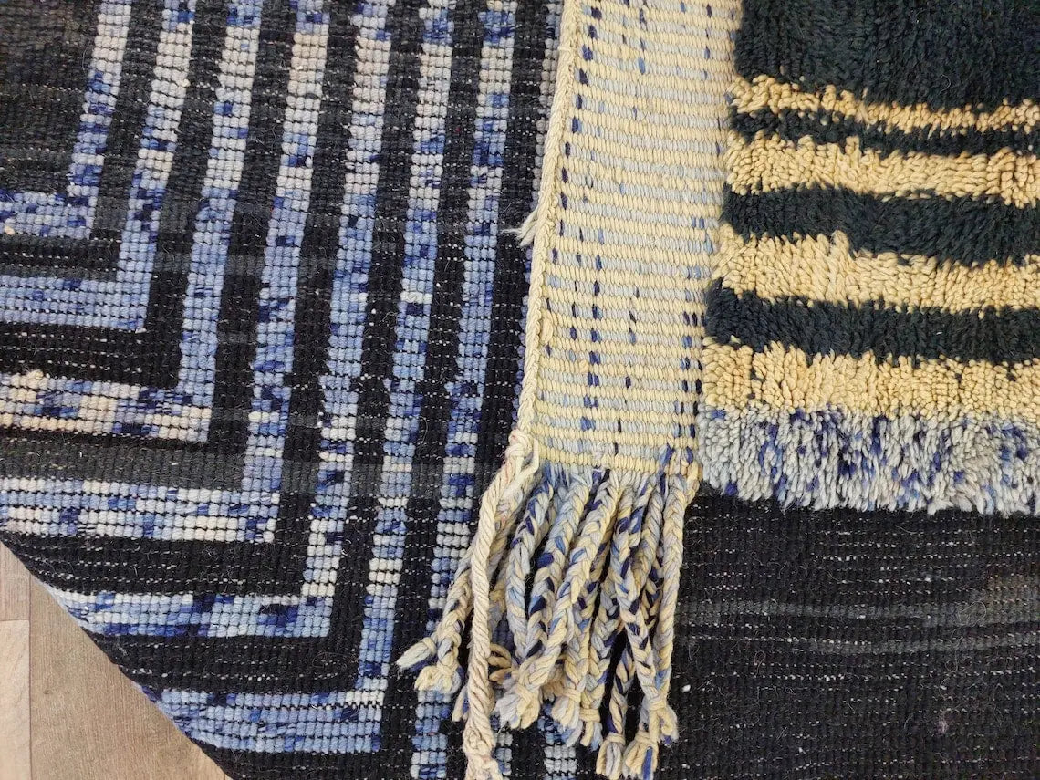 Contemporary Carpet Moroccan Wool Rug 10x14ft: Blue Beige Geometric Handknotted MoroccanBazzArts