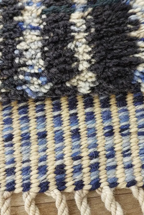 Contemporary Carpet Moroccan Wool Rug 10x14ft: Blue Beige Geometric Handknotted MoroccanBazzArts