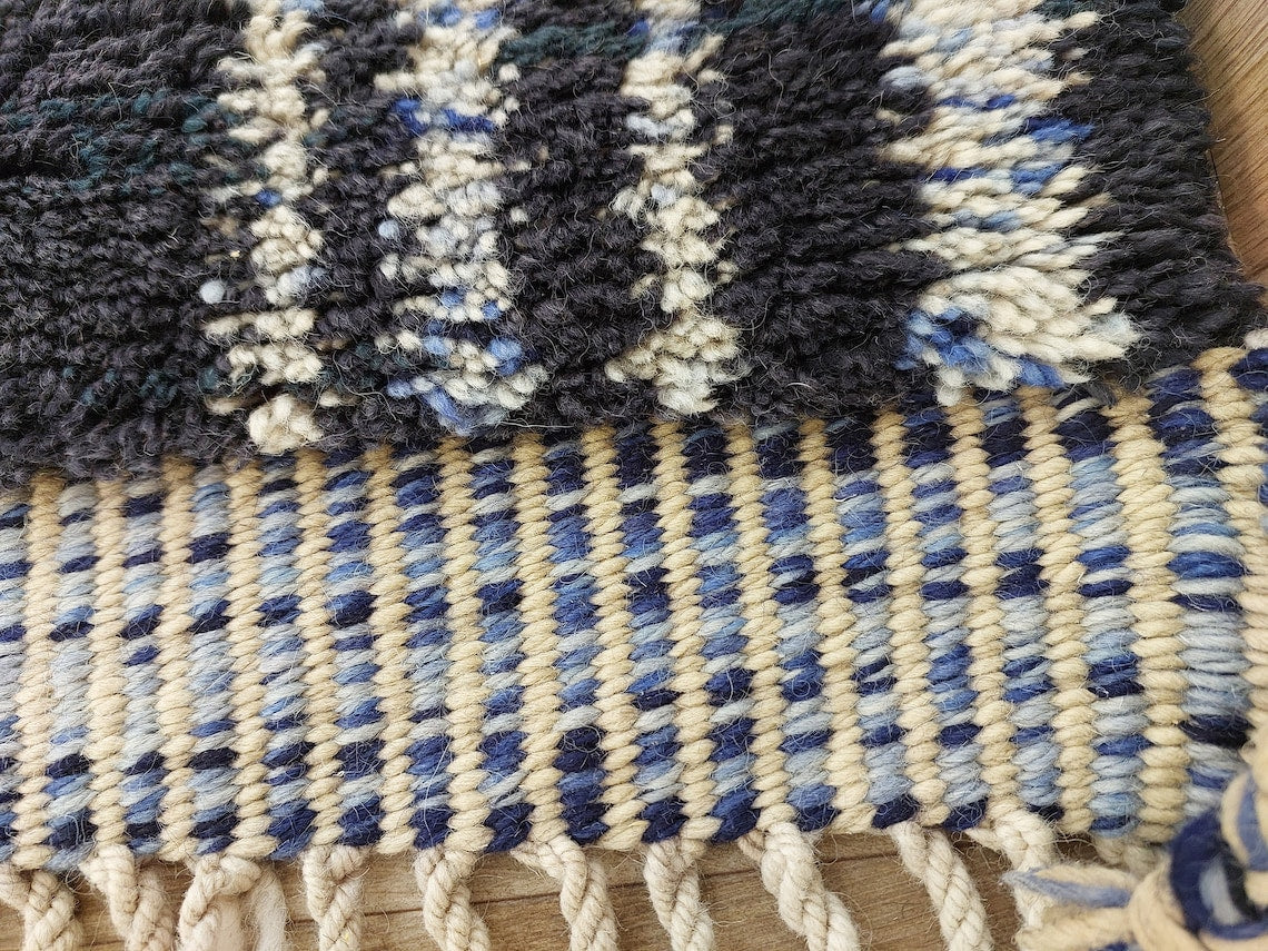 Contemporary Carpet Moroccan Wool Rug 10x14ft: Blue Beige Geometric Handknotted MoroccanBazzArts
