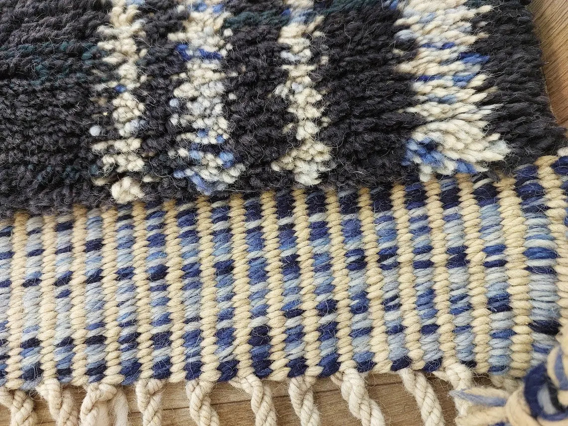 Contemporary Carpet Moroccan Wool Rug 10x14ft: Blue Beige Geometric Handknotted MoroccanBazzArts