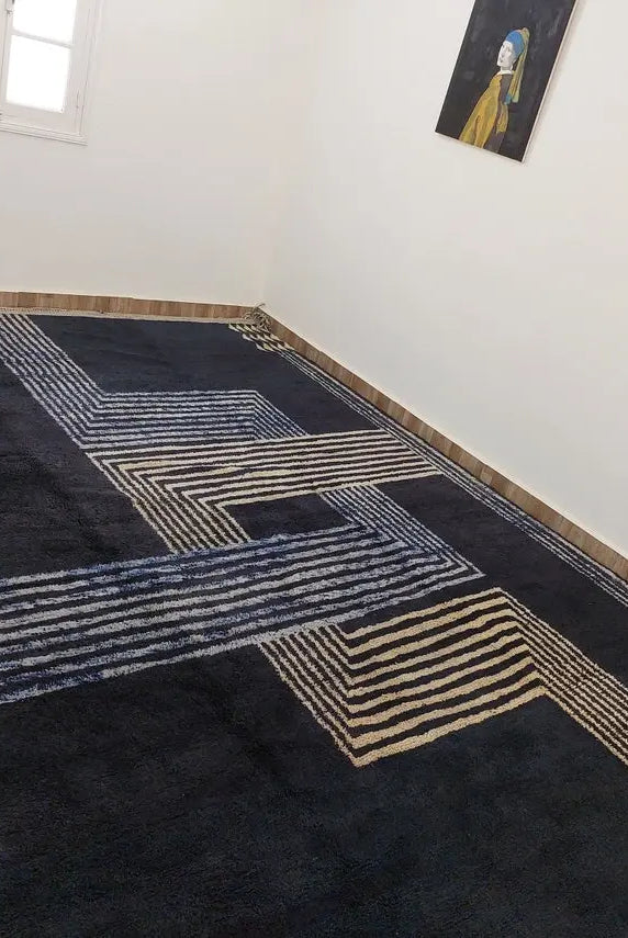 Contemporary Carpet Moroccan Wool Rug 10x14ft: Blue Beige Geometric Handknotted MoroccanBazzArts