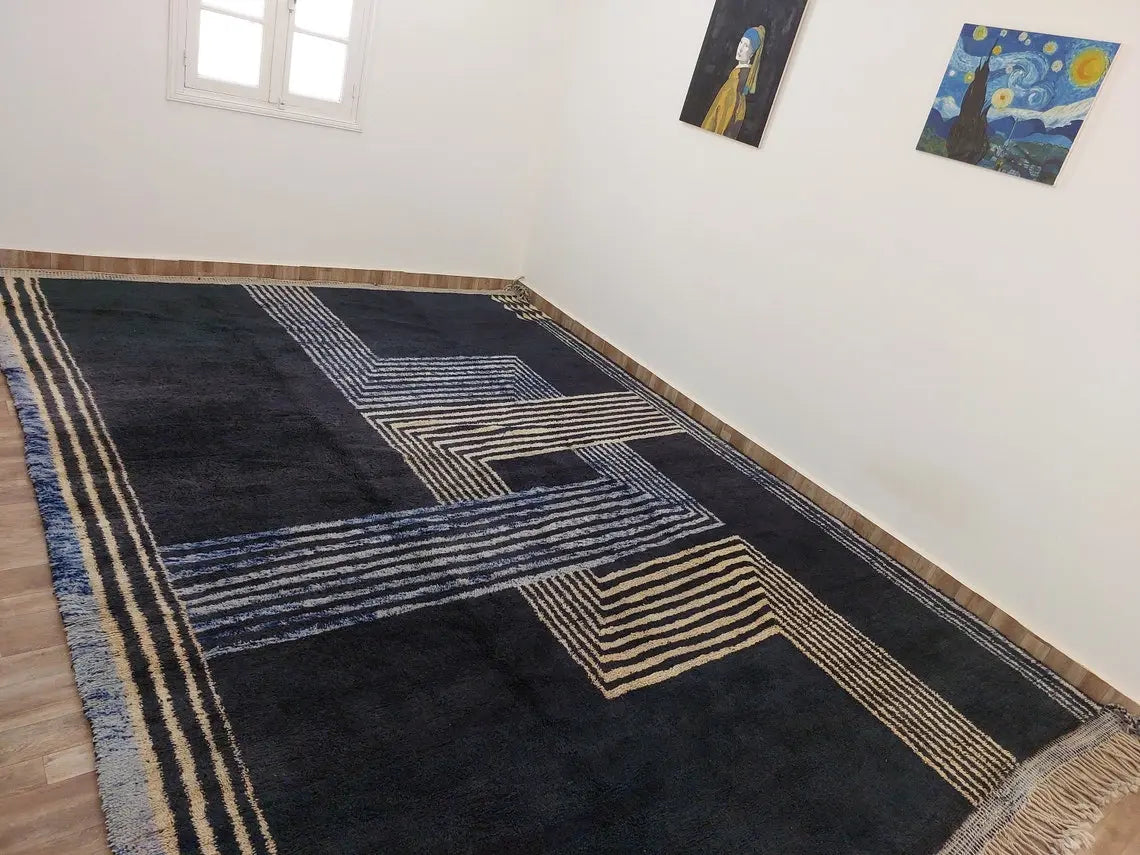 Contemporary Carpet Moroccan Wool Rug 10x14ft: Blue Beige Geometric Handknotted MoroccanBazzArts