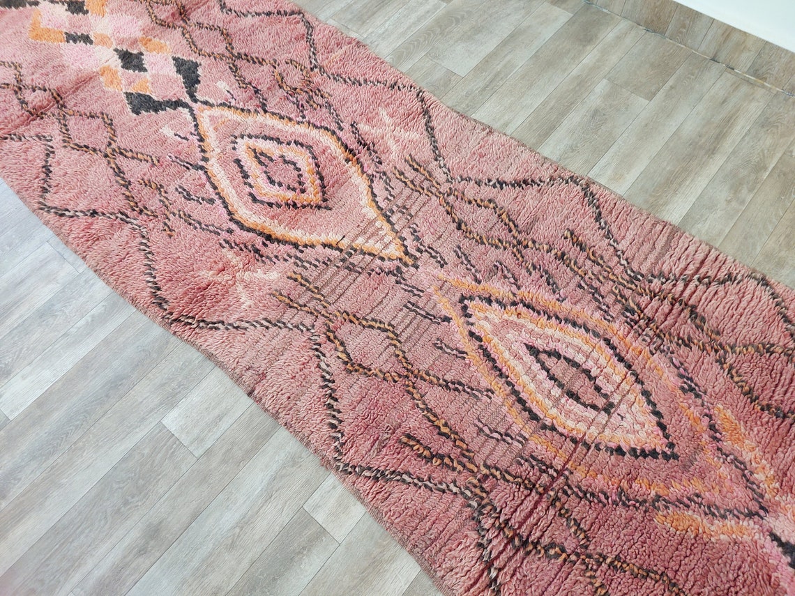 Vintage Pink Boujad Runner: Handmade Moroccan Berber Hallway Rug (3.11 x 10.10 ft) MoroccanBazzArts