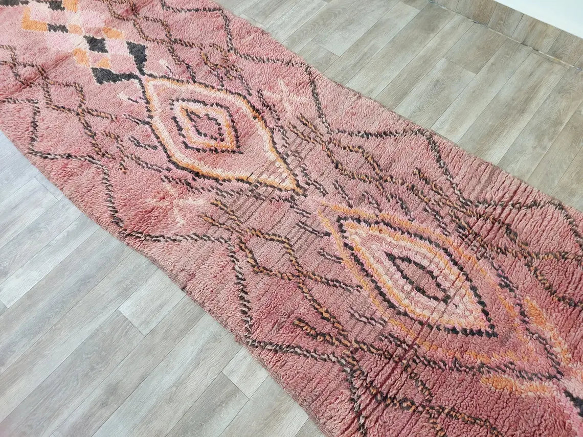 Vintage Pink Boujad Runner: Handmade Moroccan Berber Hallway Rug (3.11 x 10.10 ft) MoroccanBazzArts
