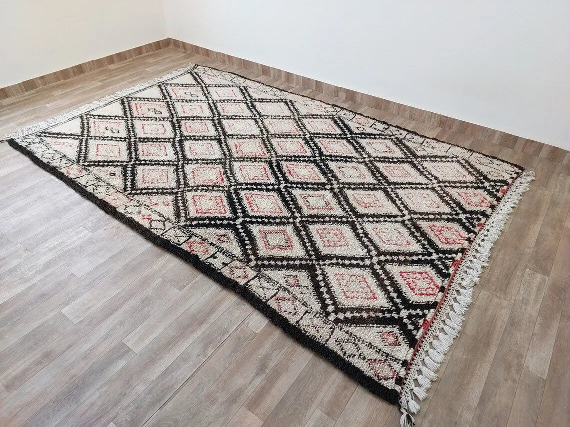 Authentic Vintage Beni Ourain Wool Carpet Bohemian Geometric Tribal Design MoroccanBazzArts