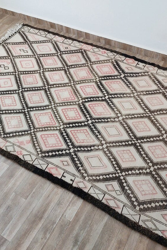 Authentic Vintage Beni Ourain Wool Carpet Bohemian Geometric Tribal Design MoroccanBazzArts