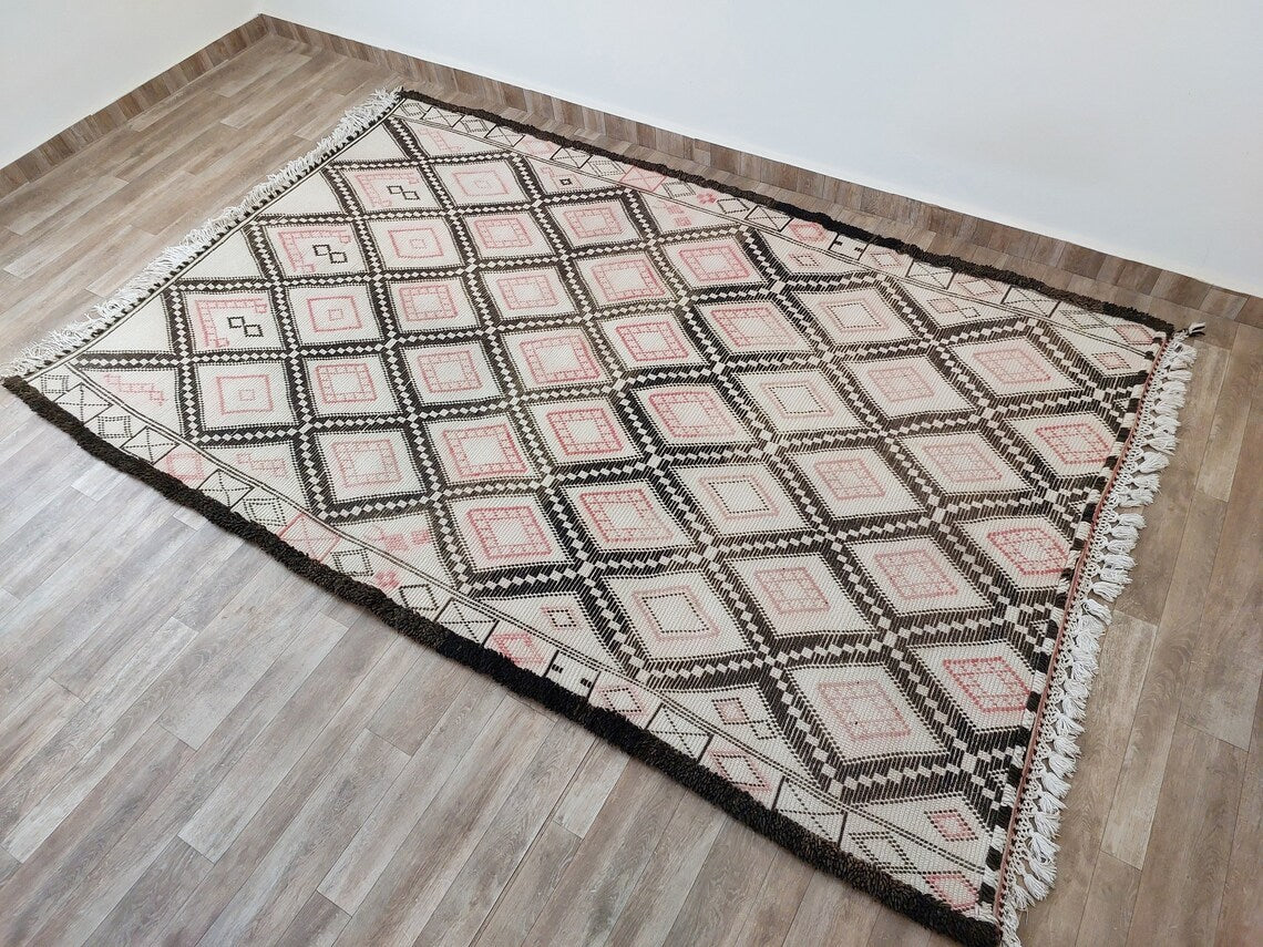 Authentic Vintage Beni Ourain Wool Carpet Bohemian Geometric Tribal Design MoroccanBazzArts