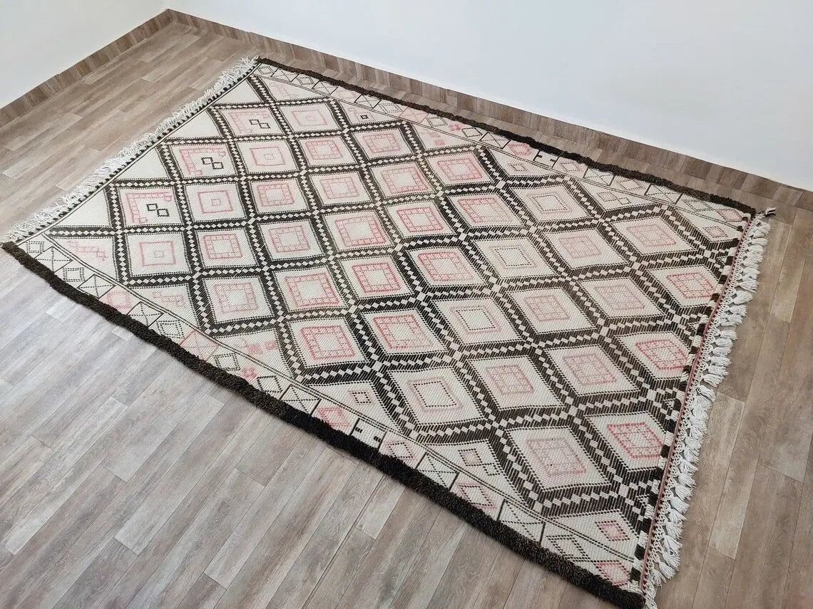 Authentic Vintage Beni Ourain Wool Carpet Bohemian Geometric Tribal Design MoroccanBazzArts