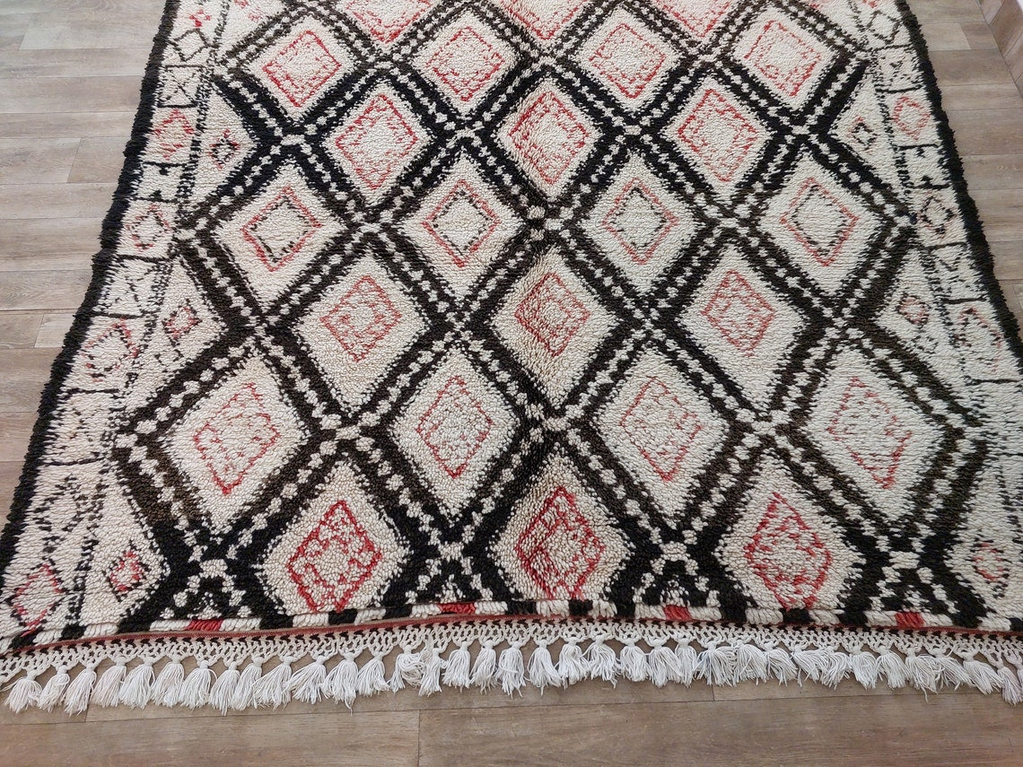 Authentic Vintage Beni Ourain Wool Carpet Bohemian Geometric Tribal Design MoroccanBazzArts
