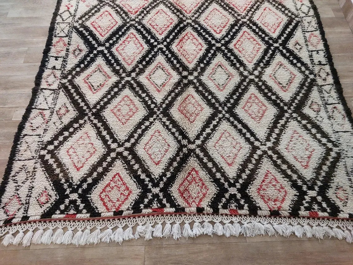 Authentic Vintage Beni Ourain Wool Carpet Bohemian Geometric Tribal Design MoroccanBazzArts