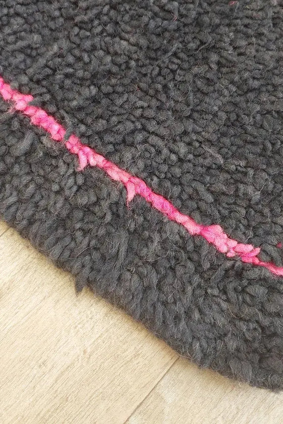 Authentic Handknotted Moroccan Boujaad Rug - Black With Pink And Green Accents - Vintage Berber Carpet MoroccanBazzArts
