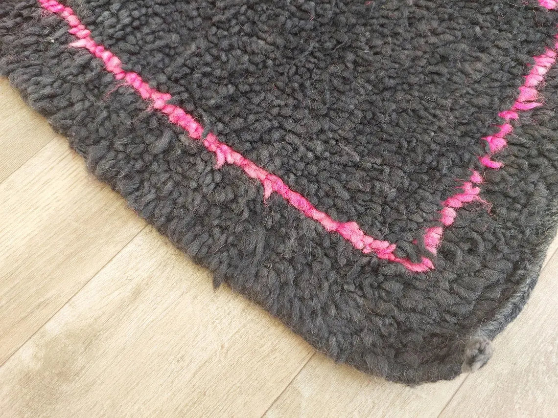 Authentic Handknotted Moroccan Boujaad Rug - Black With Pink And Green Accents - Vintage Berber Carpet MoroccanBazzArts