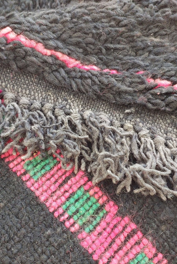 Authentic Handknotted Moroccan Boujaad Rug - Black With Pink And Green Accents - Vintage Berber Carpet MoroccanBazzArts
