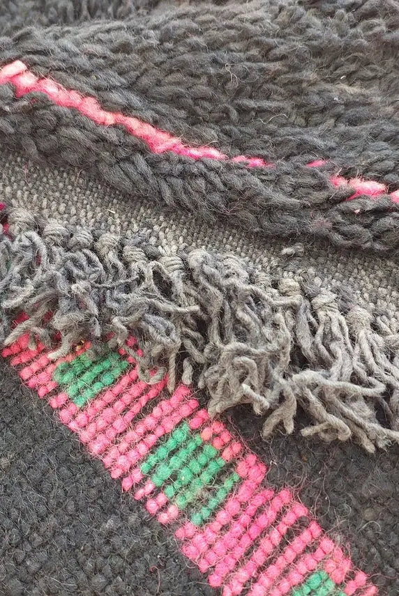 Authentic Handknotted Moroccan Boujaad Rug - Black With Pink And Green Accents - Vintage Berber Carpet MoroccanBazzArts