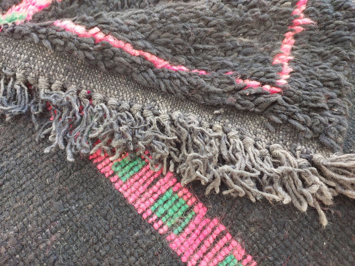 Authentic Handknotted Moroccan Boujaad Rug - Black With Pink And Green Accents - Vintage Berber Carpet MoroccanBazzArts