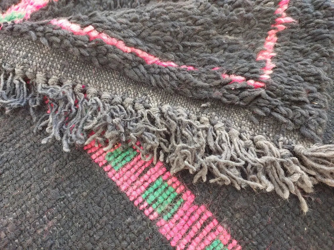 Authentic Handknotted Moroccan Boujaad Rug - Black With Pink And Green Accents - Vintage Berber Carpet MoroccanBazzArts