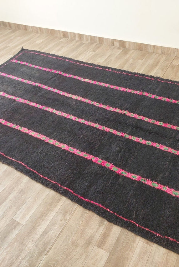 Authentic Handknotted Moroccan Boujaad Rug - Black With Pink And Green Accents - Vintage Berber Carpet MoroccanBazzArts