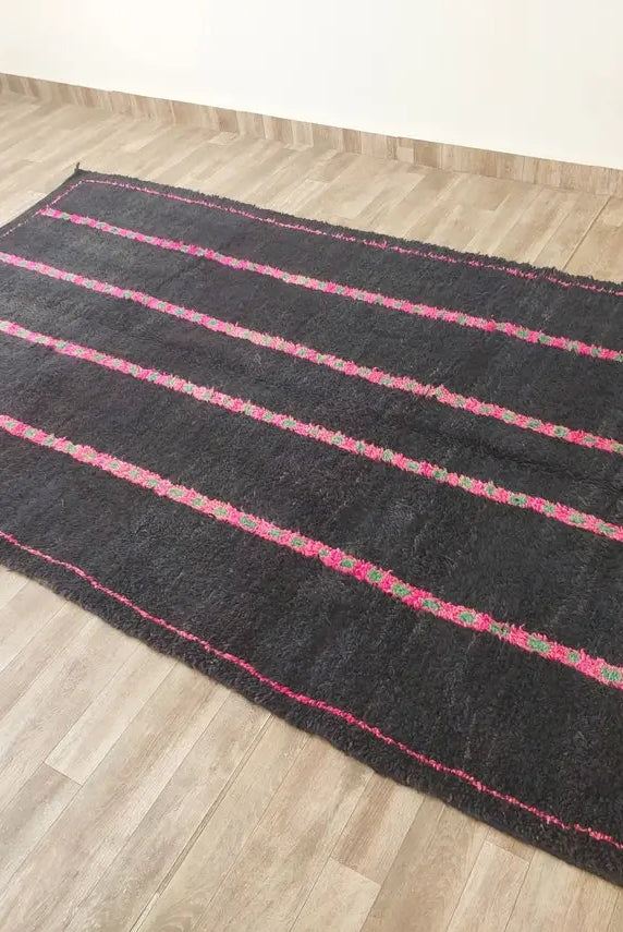 Authentic Handknotted Moroccan Boujaad Rug - Black With Pink And Green Accents - Vintage Berber Carpet MoroccanBazzArts