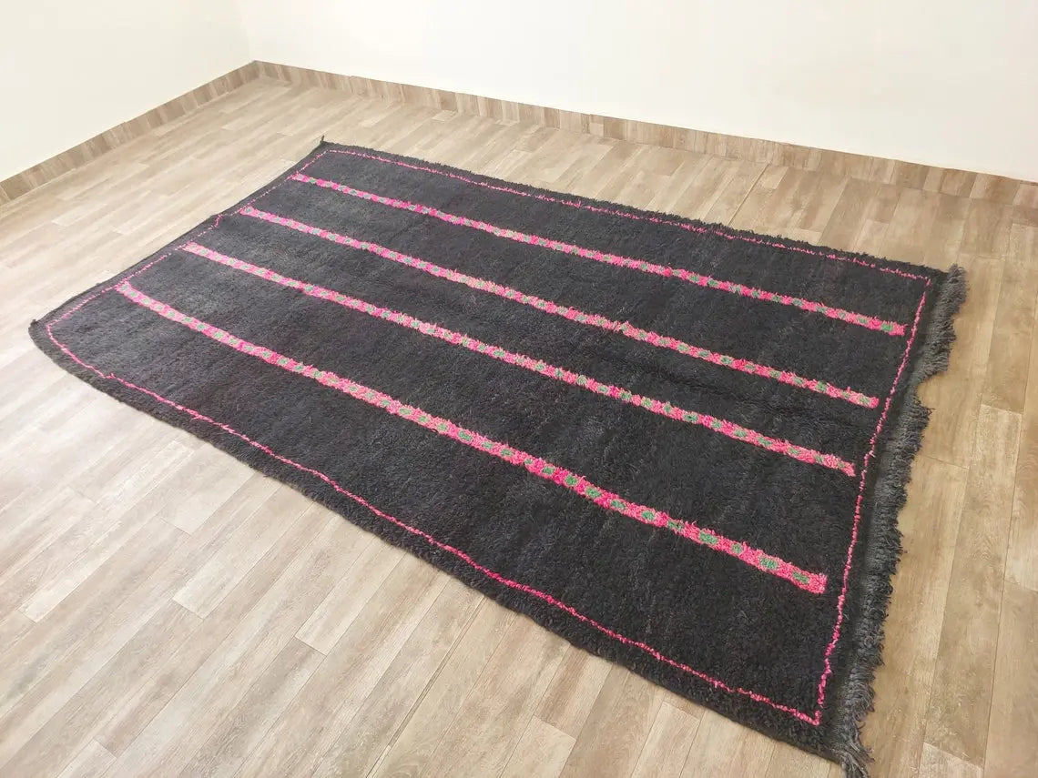 Authentic Handknotted Moroccan Boujaad Rug - Black With Pink And Green Accents - Vintage Berber Carpet MoroccanBazzArts