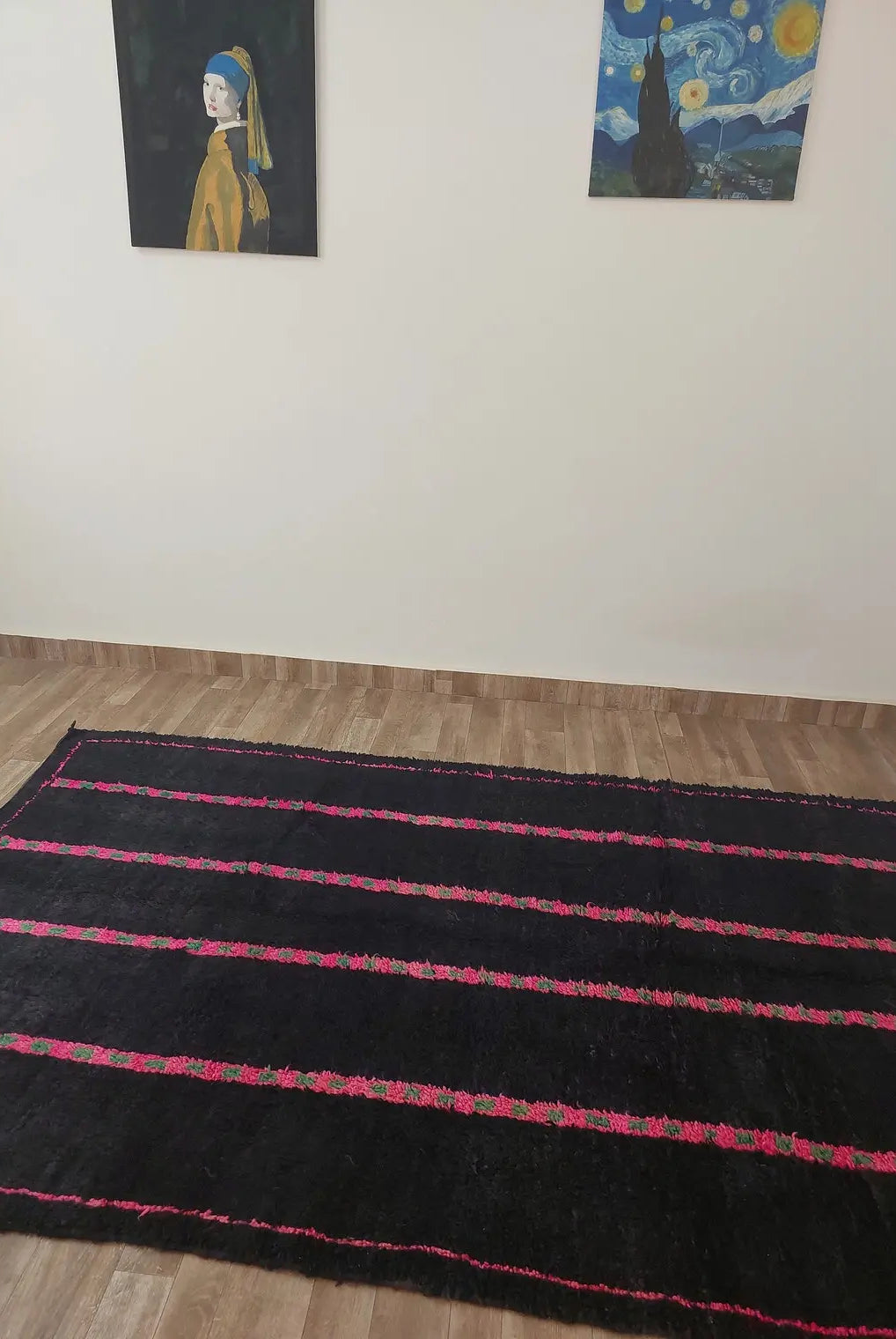 Authentic Handknotted Moroccan Boujaad Rug - Black With Pink And Green Accents - Vintage Berber Carpet MoroccanBazzArts