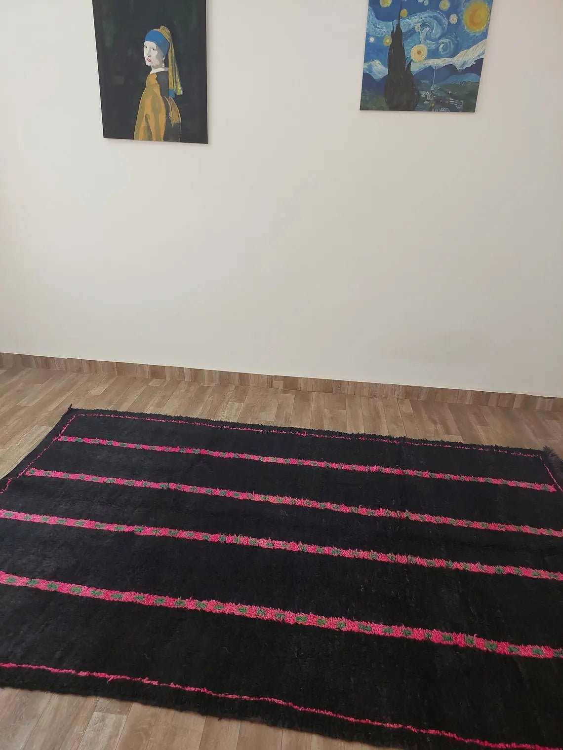 Authentic Handknotted Moroccan Boujaad Rug - Black With Pink And Green Accents - Vintage Berber Carpet MoroccanBazzArts