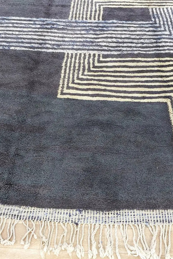 Contemporary Carpet Moroccan Wool Rug 10x14ft: Blue Beige Geometric Handknotted MoroccanBazzArts