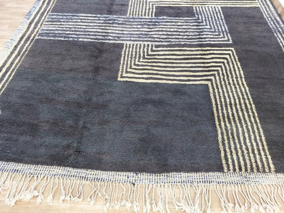Contemporary Carpet Moroccan Wool Rug 10x14ft: Blue Beige Geometric Handknotted MoroccanBazzArts