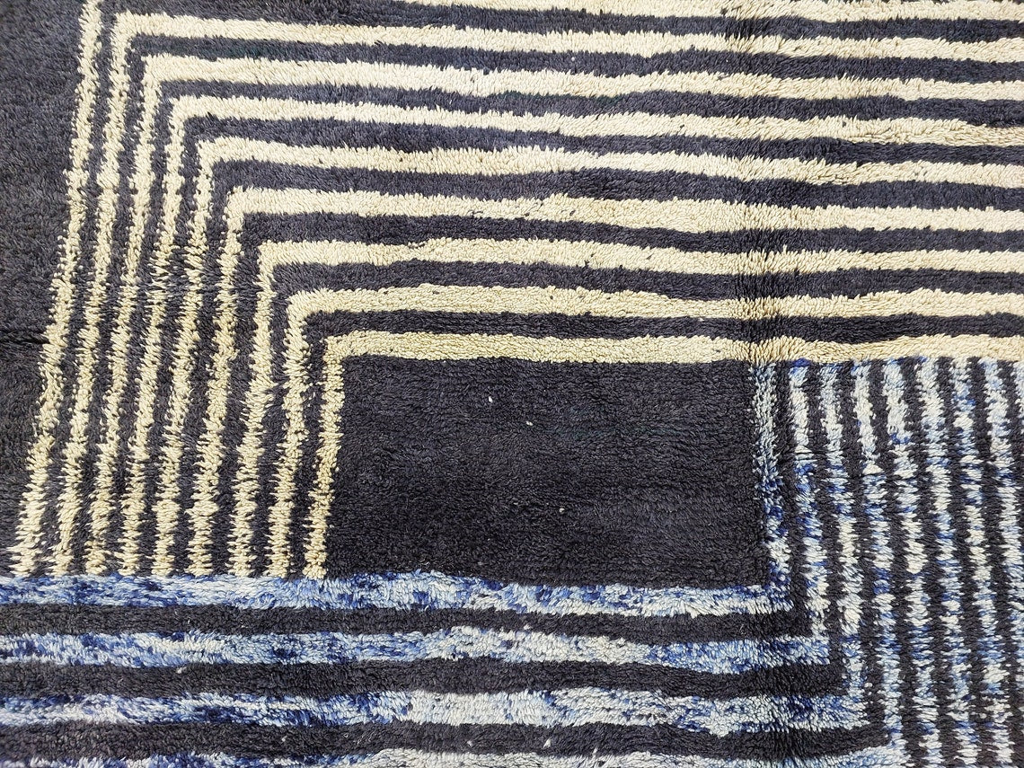 Contemporary Carpet Moroccan Wool Rug 10x14ft: Blue Beige Geometric Handknotted MoroccanBazzArts