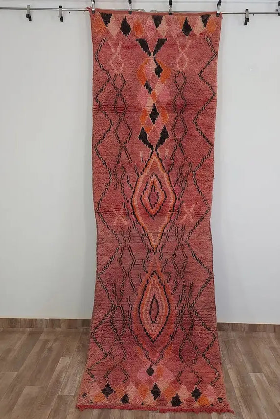Vintage Pink Boujad Runner: Handmade Moroccan Berber Hallway Rug (3.11 x 10.10 ft) MoroccanBazzArts
