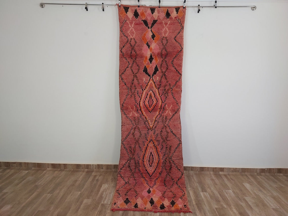 Vintage Pink Boujad Runner: Handmade Moroccan Berber Hallway Rug (3.11 x 10.10 ft) MoroccanBazzArts